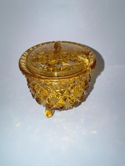 EAPG Glass 3 Footed Bowl Amber Daisy & Button Cauldron Dish with lid 3” VTG