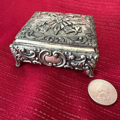 VTG Ornate Silver Plated Jewelry Box Red Velvet Lined Trinket Box Art Nouveau