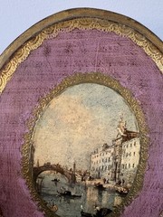 VTG Gold Gilt Italian Florentine Wood Oval Wall Picture Plaque Venice Pink Art