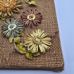 Vtg floral wall plaque raffia paper media art MCM 1970’s Burlap Flowers Decor