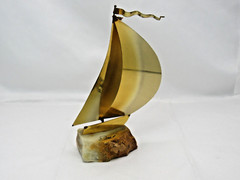 Vintage DeMott Signed Brass Metal Sail Boat Sculpture Onyx Base Nautical 8″