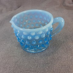 Fenton Hobnail Opalescent Cream Sugar + Akro Agate Blue Milkglass Vtg Lot Of 3