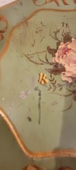 VTG Hand Painted Floral Serving Tole Tray Olive Green Stand Cottage Core Shabby