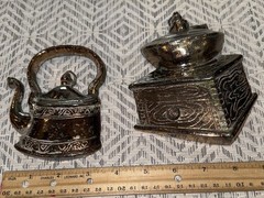 Vintage Cast Metal Wall Decor Coffee Grinder And Tea Kettle Lots Of Patina