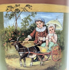 Rare 13″ Primitive Toleware Painted Metal Bin Hangs Storage Children Goat Cart