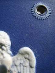 WEDGWOOD LIKE RARE DARK BLUE DIP PLAQUE OF CUPIDS & BOY TAMBORINE, GIRL TRIANGLE