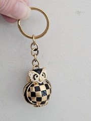MacKenzie Childs Courtly Owl Checkered Key Chain Key Ring Black And Gold Owl
