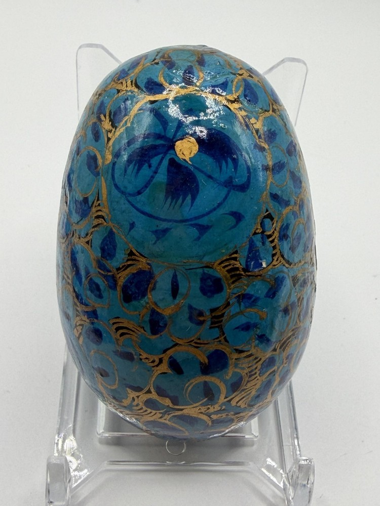 BLUE GOLD FLORAL HAND PAINTED DECORATIVE EGG NOVELTY HOME DECOR ART