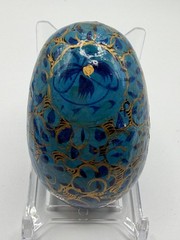 BLUE GOLD FLORAL HAND PAINTED DECORATIVE EGG NOVELTY HOME DECOR ART