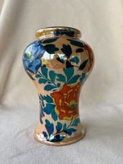 Art Deco Lusterware Vase Hand Painted Flowers Blue & Orange 8″ x 6″