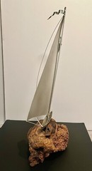 DEMOTT signed Tall Silver Metal Sail Boat Sculpture on Driftwood Base Vintage