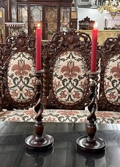 Antique Style LARGE 14″ TALL Carved Wooden Barley Twist Candlesticks with Bronze
