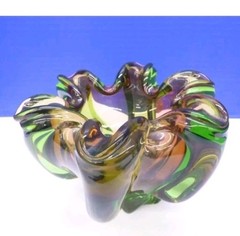 Vintage Murano Hand Blown Green & Amber Art Glass Centerpiece Bowl.