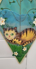 VTG 1990’s Hand-Painted Cat Wall Pocket, Tin w/Metal Mesh & Dragonfly Accents
