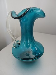 Antique ART GLASS HAND BLOWN PITCHER Pilgram Glass 5″ Blue Bud Vase Creamer