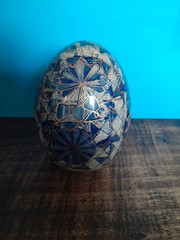 VTG Hand Painted Cloisonne Egg Blue Gold White Floral Geometric Design