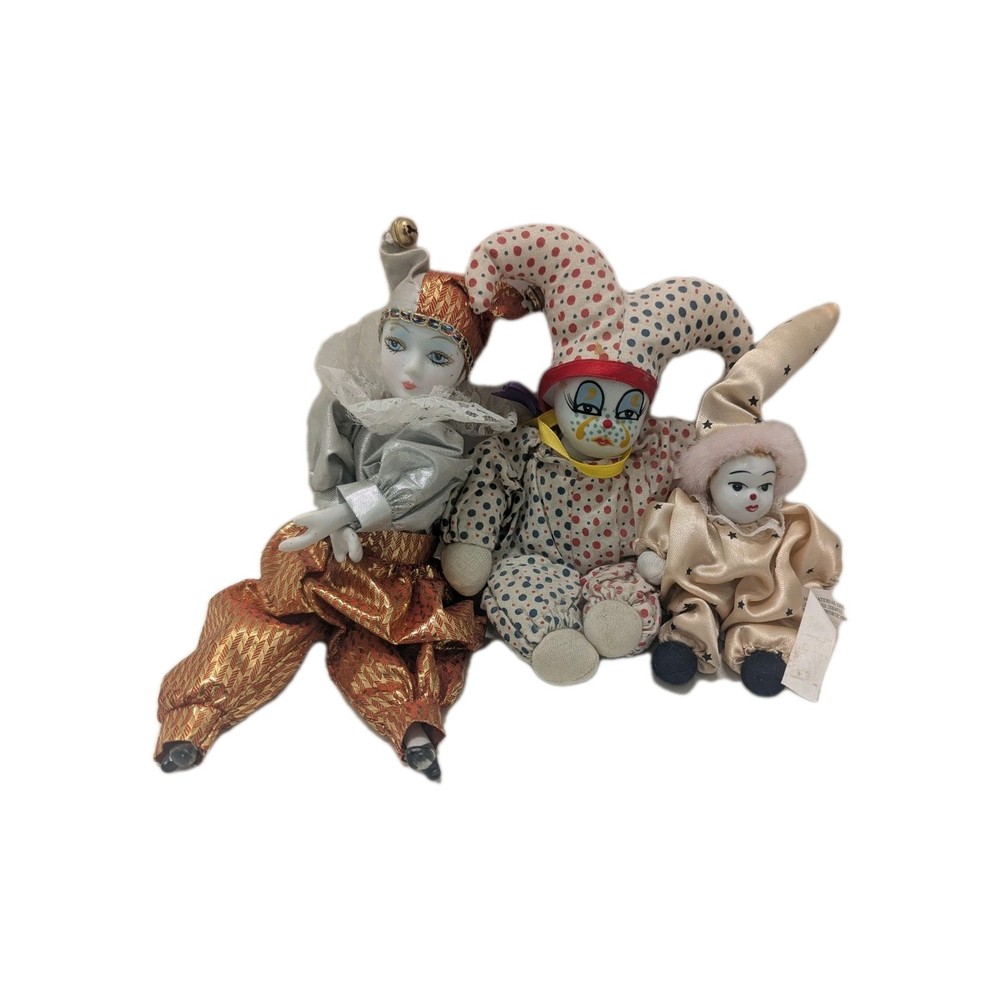 Lot Of 3Clown 9″ Tall Ceramic Head Clown in Polka Dot Stars Orange Doll Jesters