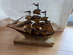 DeMott Signed Clipper Ship Brass & Marble Sculpture 10” High Vintage