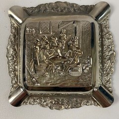 Antique Collectible Metal Cigarette Ashtray Men Sitting Around A Table Rare