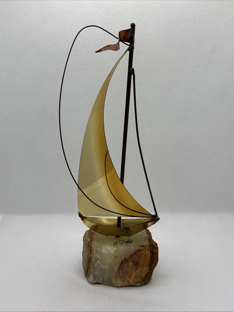 Vintage Signed John De Mott Brass Copper Sailboat Sculpture Quartz Base 9”