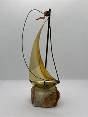 Vintage Signed John De Mott Brass Copper Sailboat Sculpture Quartz Base 9”