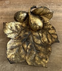 Vintage Gilt Gold Cast Metal Embossed Fig Fruit Leaf Shaped Trinket Dish Bowl
