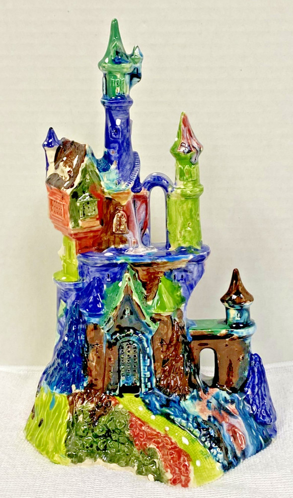 Handmade Clay Pottery Rainbow Blended Colors Aquarium Fishbowl Castle 11 1/8″