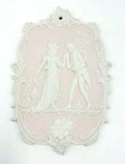SET OF 2 ANTIQUE STYLE HIGH RELIEF BISQUE PORCELAIN PLAQUES OF COURTING COUPLE