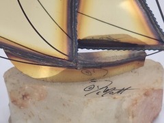 Metal Brass Sailboat Sculpture on Quartz Base Signed DeMott 9.5 in Nautical