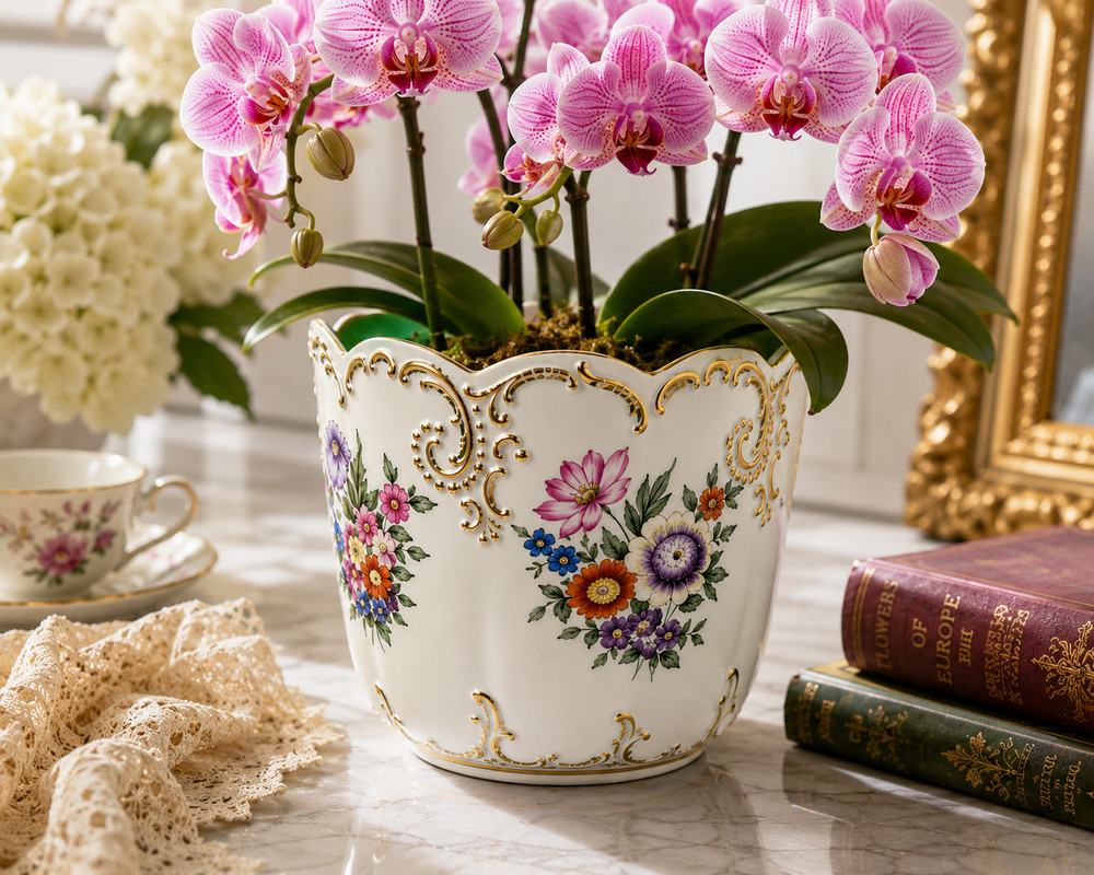 Vintage Hollohaza Hungary Hand Painted Floral Cachepot Planter Gold Gilt Vase