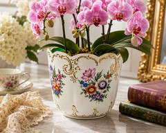 Vintage Hollohaza Hungary Hand Painted Floral Cachepot Planter Gold Gilt Vase