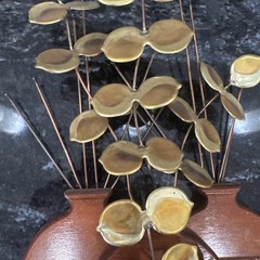 Vintage HOMCO Brass Eucalyptus Leaves Sculpture Wood Planter Plant Decor MCM