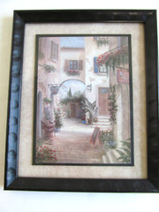 European Street Scene Picture Frame 11″x9″ Cafe’ Brick Floral Buildings Vtg F