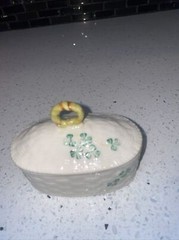 VTG Belleek Pottery Ireland Trinket Box w/Lid Basket Weave with Green Shamrocks