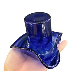 1980s Art Glass Hat Shaped Dish Bowl Clear Cobalt Blue Swirls Folded Edges VTG