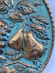 Vintage England Elpec Brass Fruit Wall Plaque Turquoise Blue Gold Embossed Decor
