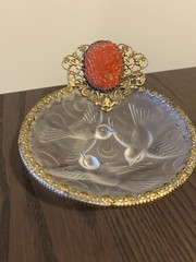 French Ormolu Dish~Frosted Glass Birds And Gilt Brass Trimmed With Carved Cameo.