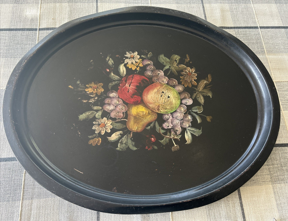 Antique Victorian Oval Black Tole Tray Hand Painted Floral Metal 24” Vtg Patina