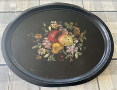 Antique Victorian Oval Black Tole Tray Hand Painted Floral Metal 24” Vtg Patina