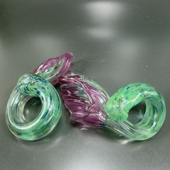 1995 Hand Blown Art Glass Amethyst Purple Flowers Set With Green Stems Signed