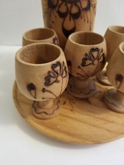 Vintage Wooden Pyrography Folk Art Decanter with 5 Stem Cups and Serving Tray