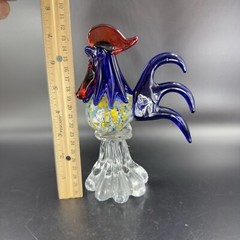 Heavy Art Glass Rooster Chicken Figurine Decor Paperweight Multicolor Glass VTG