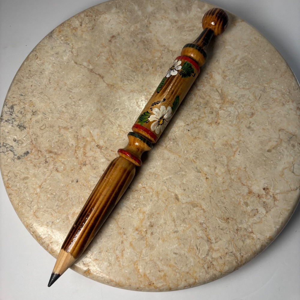 Unbranded Folk Art Oversized Pencil 12in Brown Hand Painted Wood Floral Spindle
