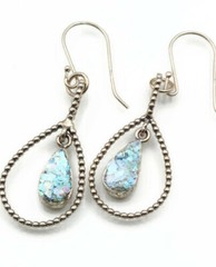 Roman Glass Silver925 Earrings Ancient Authentic 200 BC Fragment Bluish Patina