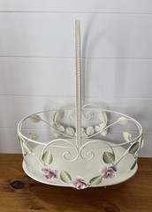 Vintage Tole Style Rose Basket Metal Shabby Chic Cottage Decor