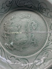Celadon Crackle Glaze Dragon Plate Chinese Style Relief Green Dish