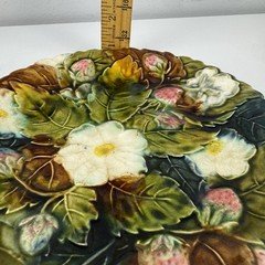 Antique French Majolica Strawberry Plate Floral Relief 8.5 Inch