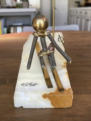 Vintage John DeMott Signed Metal Downhill Skier Sculpture Quartz Base 8.5” Tall