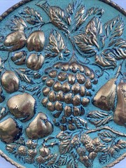 Vintage England Elpec Brass Fruit Wall Plaque Turquoise Blue Gold Embossed Decor