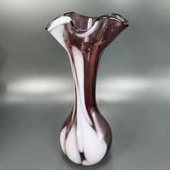 1980s Art Glass Vase Purple With White Spots Wavy Ruffled Top Edges Glass Vase